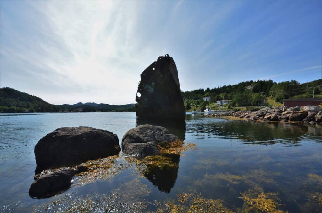 Wreckage in Conception Harbour, Newfoundland, showcasing historic ship remains partially submerged i.