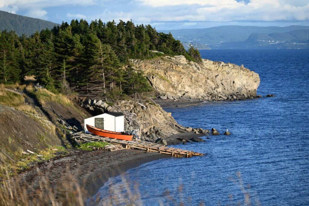 Coastal view of Woods Island with forested cliffs and a small boathouse by the water.