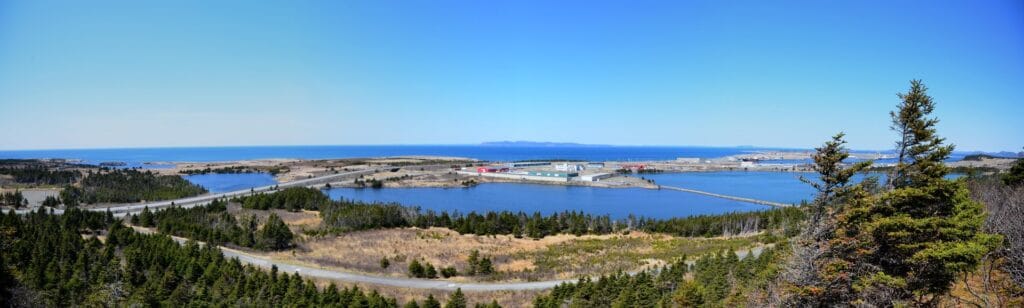 Panoramic view of Argentia Naval Air Station and Fort McAndrew in Newfoundland, showcasing military.