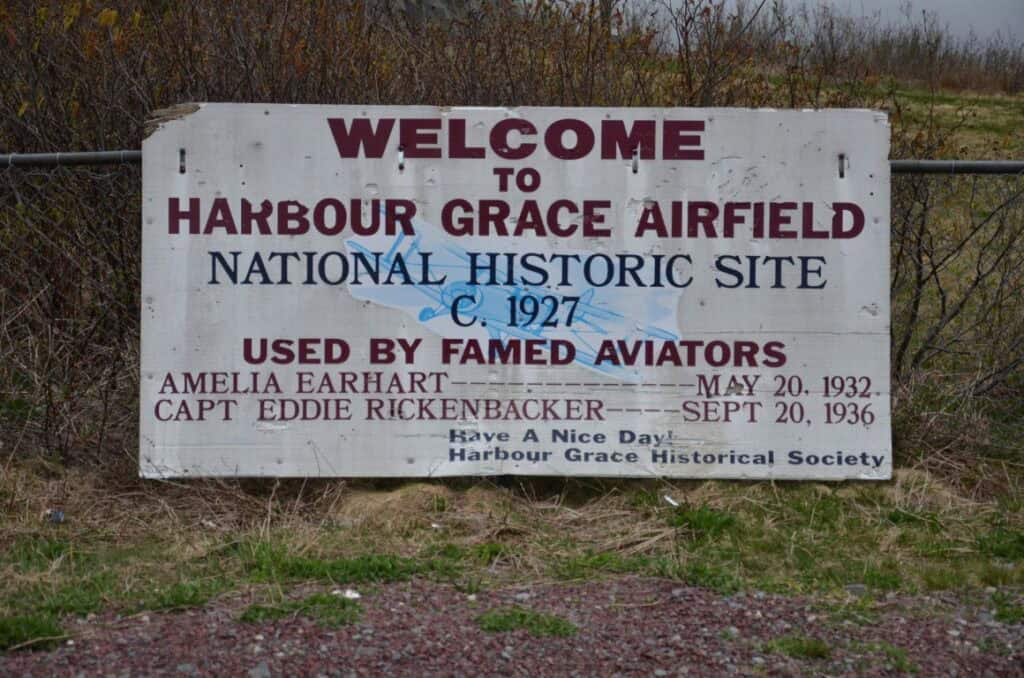 Harbour Grace Airfield historic site sign with founding year 1927.