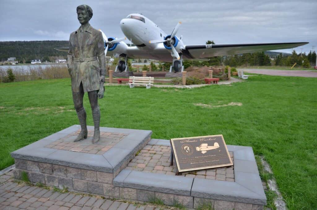 Historic Harbour Grace Airfield statue and aircraft display.