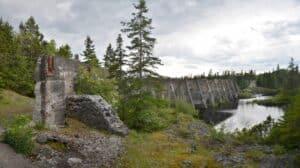 Old mill dam structure near water at Horwood Lumber Company Mill.