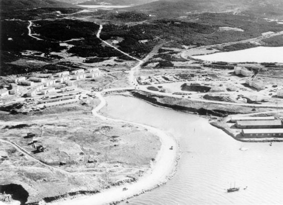 Aerial view of Naval Air Station Argentia and Fort McAndrew in Newfoundland.
