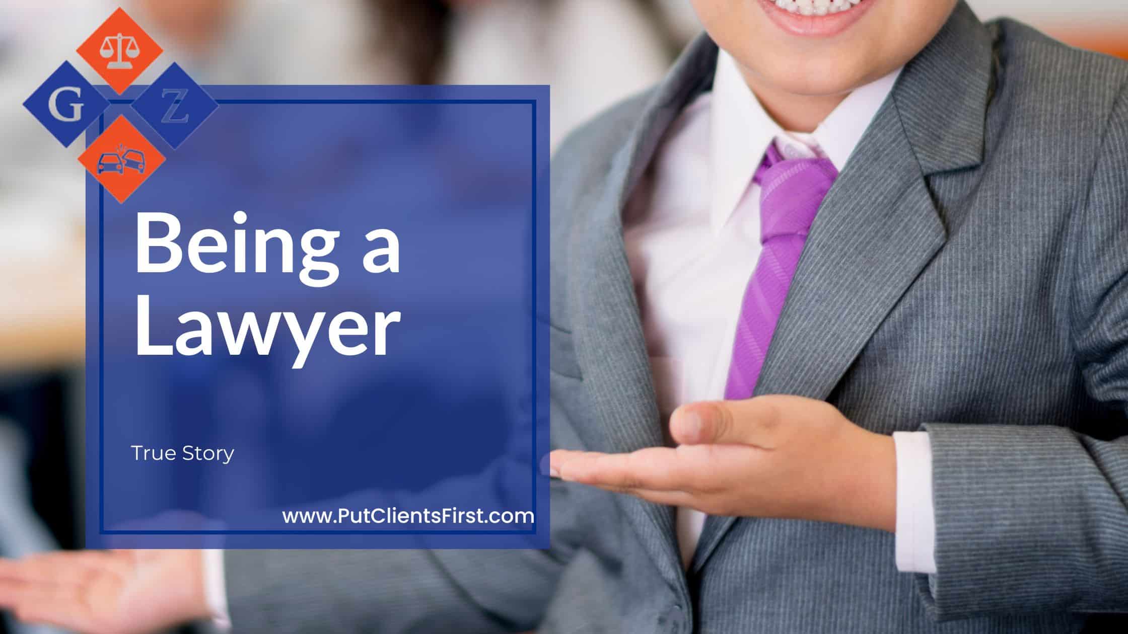 Lawyer in gray suit with purple tie presenting for law firm website.