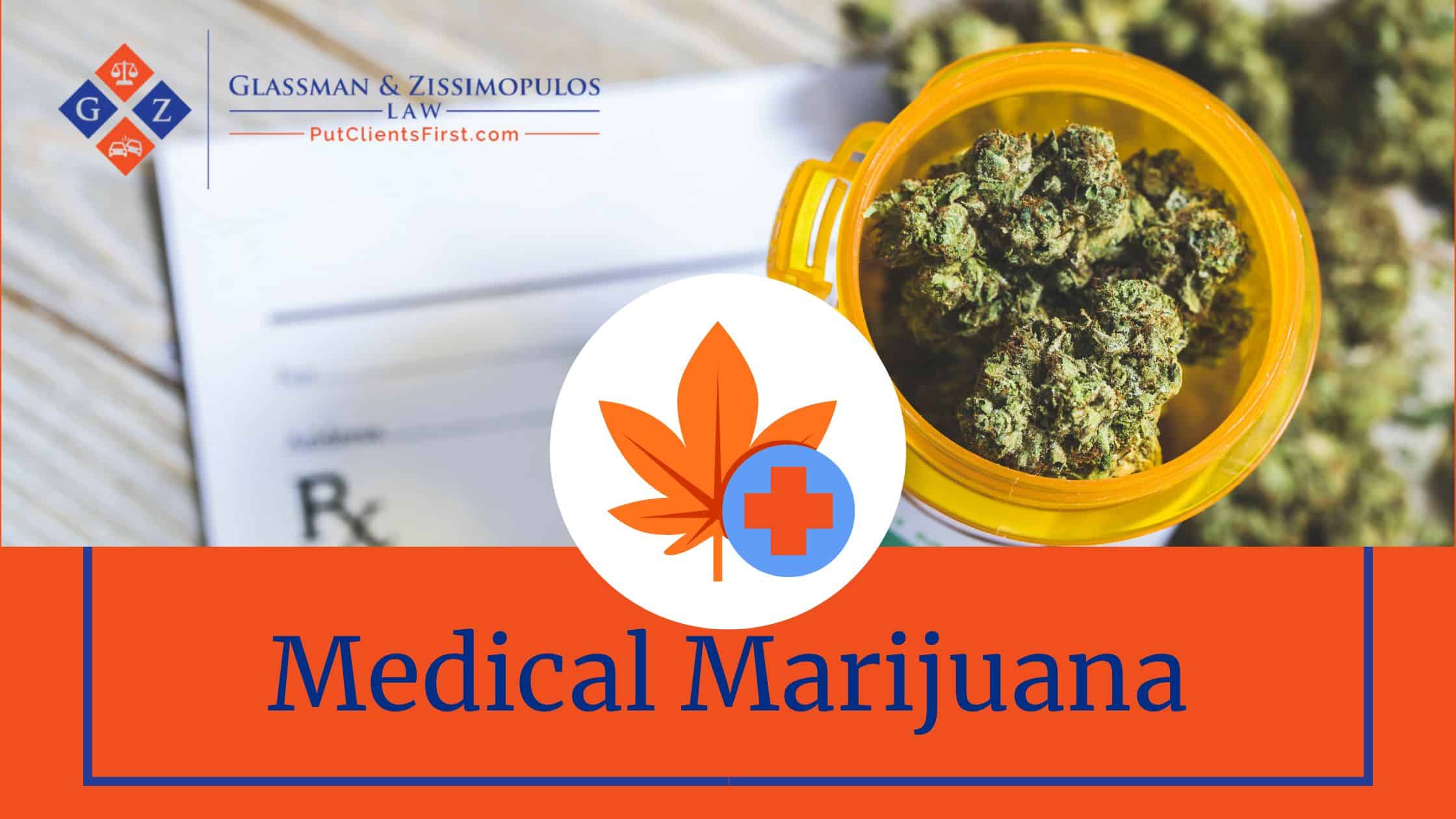 Medical marijuana dispensary with cannabis buds in a yellow container, legal prescription form, and a logo combining a cannabis leaf and medical cross, representing law firms specializing in medical marijuana legal services.