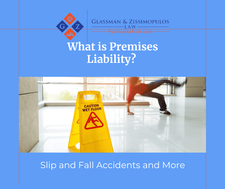 Wet floor sign causing slip and fall accident in an office building, legal liability for premises liability cases, law firm specializing in slip and fall injury claims, premises liability attorney, personal injury lawyer.