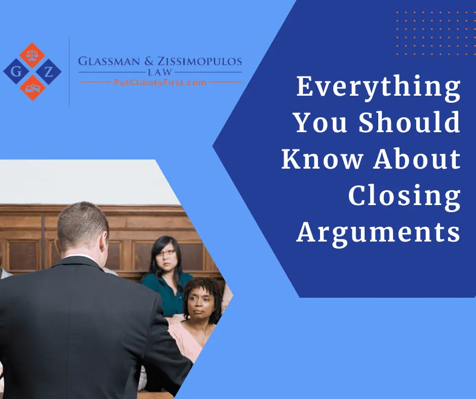 Glassman & Zissimopulos Law Firm legal team discussing closing arguments during a courtroom trial.