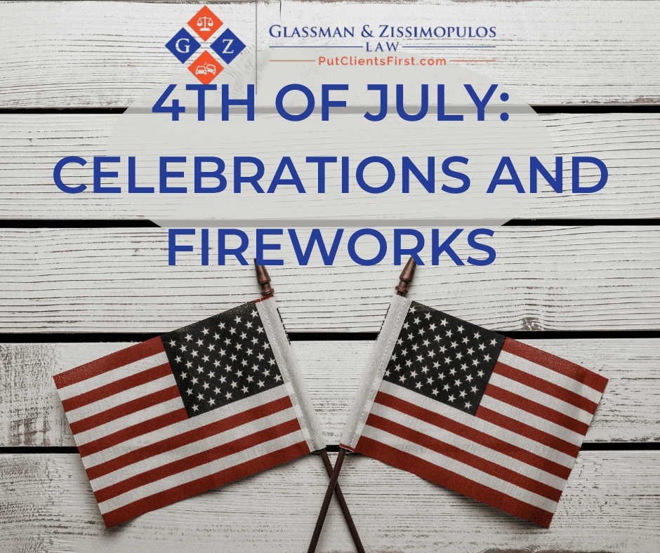 Patriotic 4th of July celebration with American flags, fireworks, and law firm branding, highlighting legal services for personal injury, employment law, and civil rights from Glassman & Zissimopulos Law Firm.
