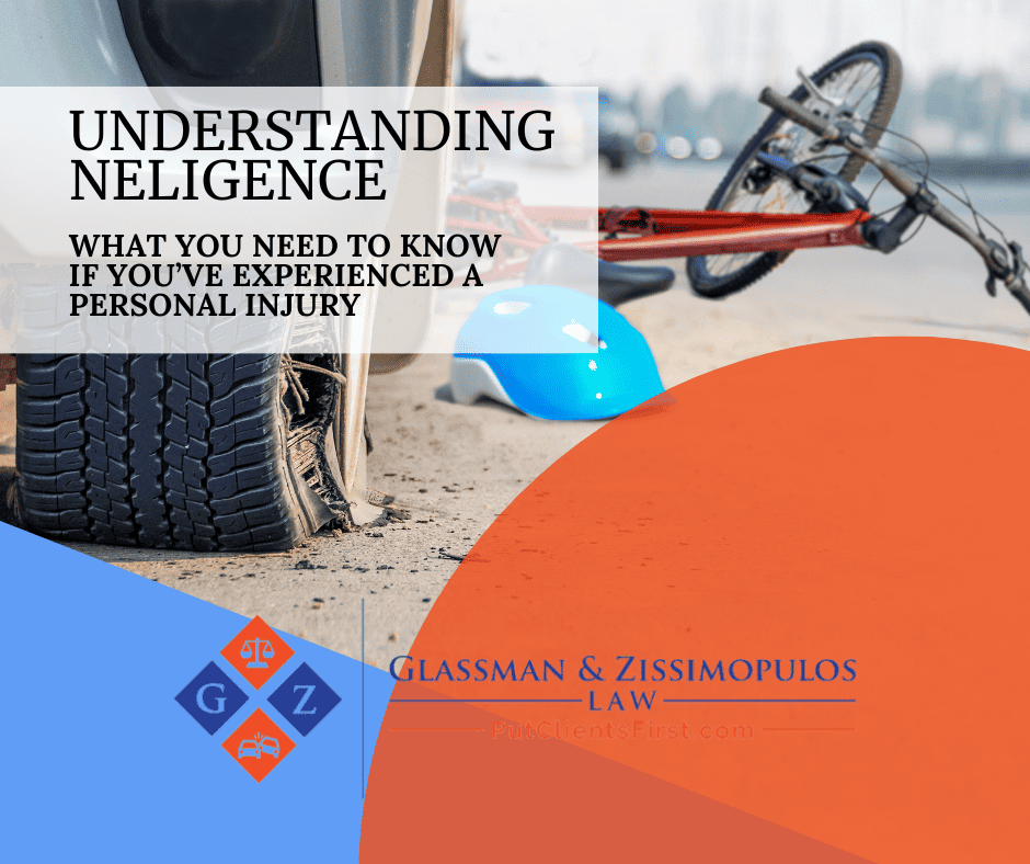Wrecked car and fallen bicycle involved in personal injury accident, legal services offered by Glassman & Zissimopulos Law Firm for accident injury claims, collision legal help, and injury lawsuits.