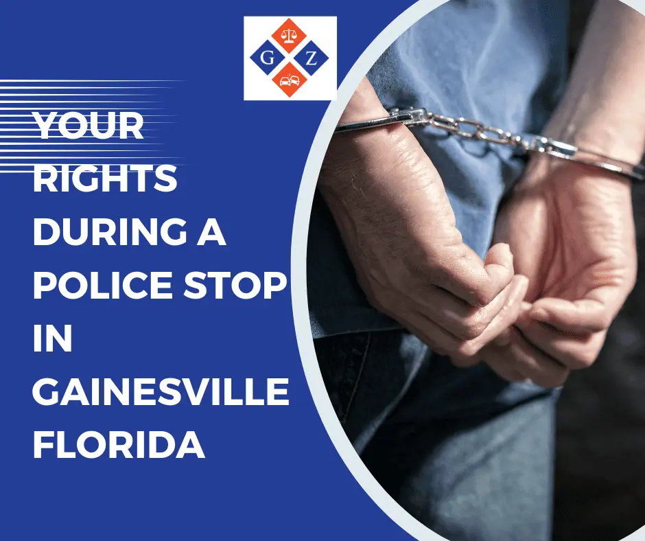 Handcuffed person with police officer, legal rights during police stop in Gainesville Florida, criminal defense attorney, law firm, criminal law services, Glassman & Zissimopulos.