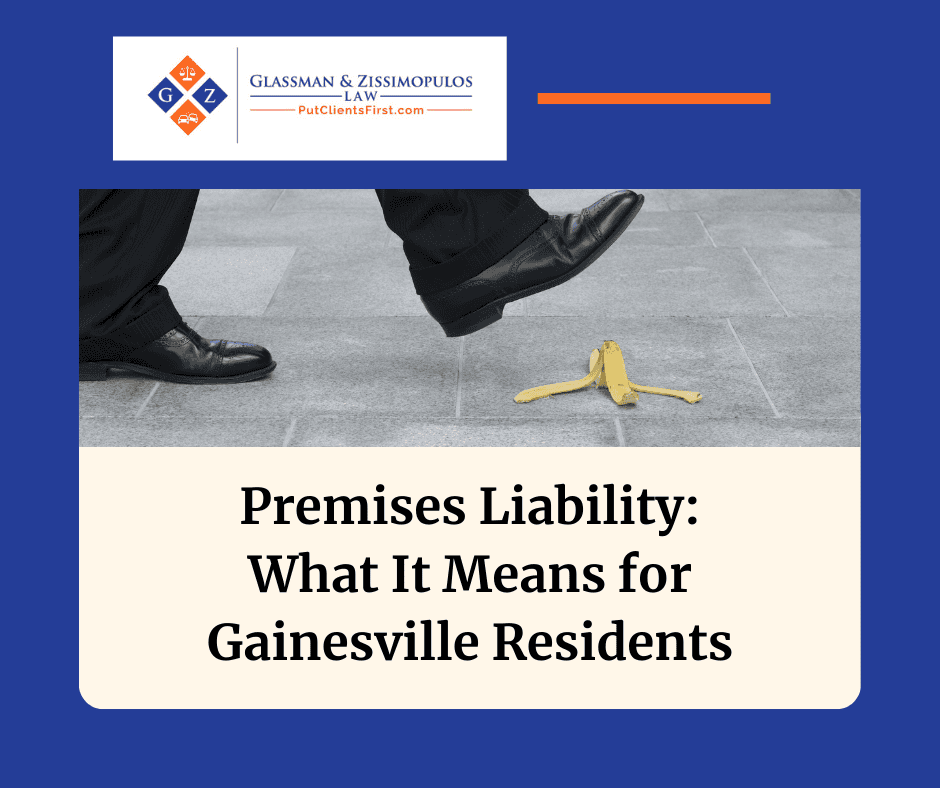 Slip and fall hazard on commercial property with broken banana peel on the floor, representing premises liability issues for Gainesville residents.