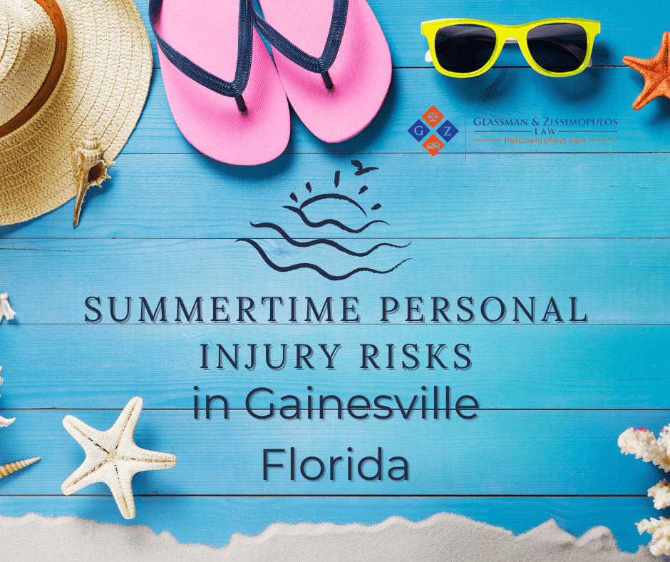 Beach accessories, sunglasses, flip-flops, and starfish on a blue wooden surface with text about personal injury risks in Gainesville, Florida, emphasizing legal support from Glassman & Zissimopulos Law Firm.
