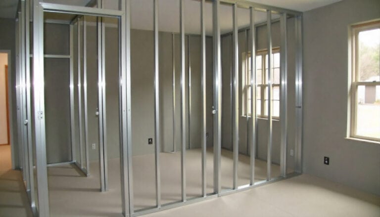 Metal wall studs frame interior walls of a room under construction, with windows and unfinished floors visible.