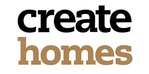 The words "create" in black and "homes" in brown are stacked vertically, each in bold, lowercase letters.