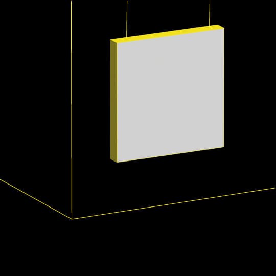 Pannello pubblicitario in Helvetica 3D nero con cornice gialla.