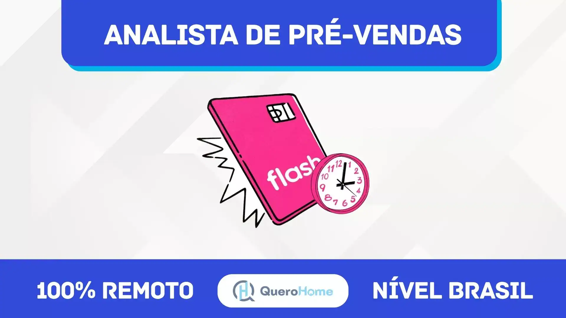 Imagem de cartão de crédito rosa com símbolo de flash e relógio clock sobre fundo branco, promovendo análise de pré-vendas remota no Brasil.