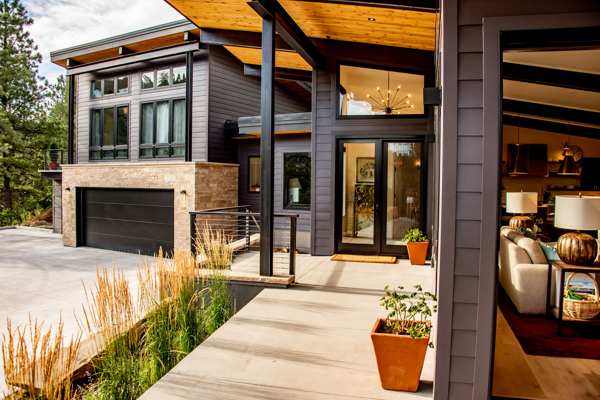 Contemporary house exterior with modern design and large windows.