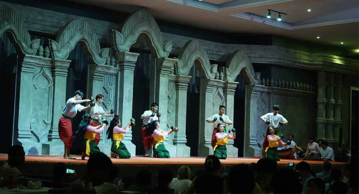 Traditional Khmer dance performance at Angkor Wat cultural show in Cambodia.