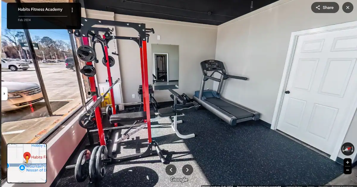 Gym equipment including weights, treadmill, and squat rack at Habits Fitness Academy.