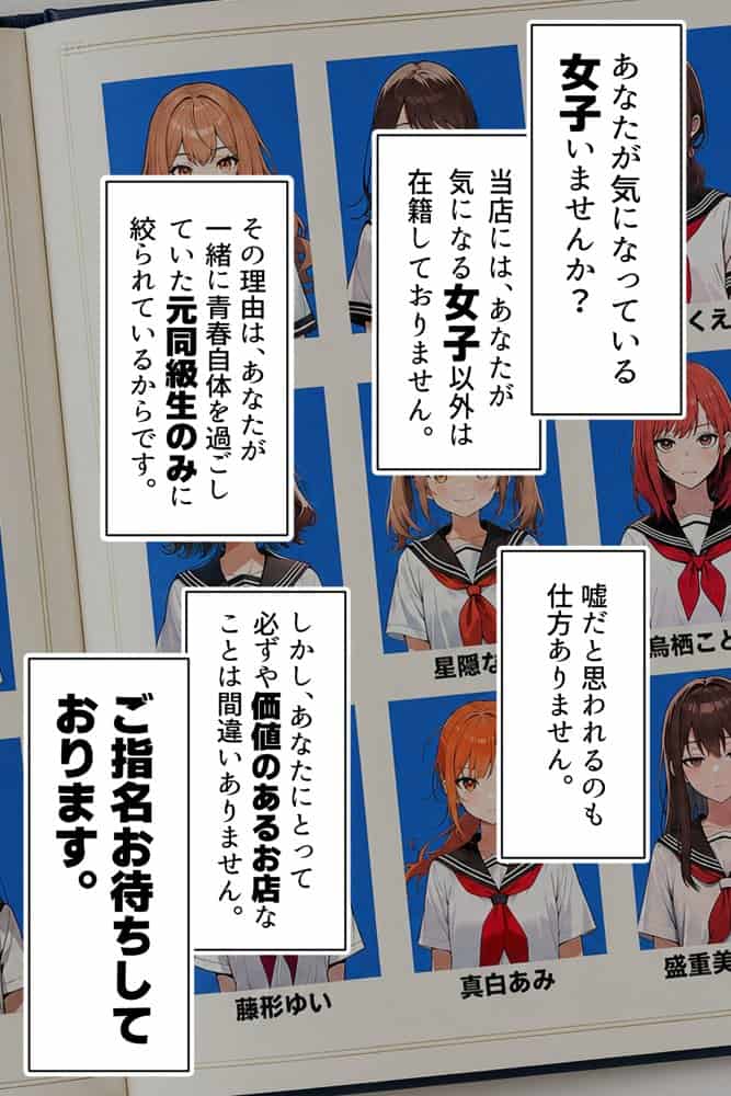 【漫画】指名は卒アルの中で  卒業アルバムに載っている元同級生しか在籍していないデリヘル店