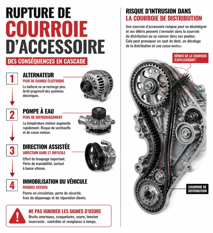 Infographie des conséquences d'une courroie accessoire qui casse et risques pour le moteur