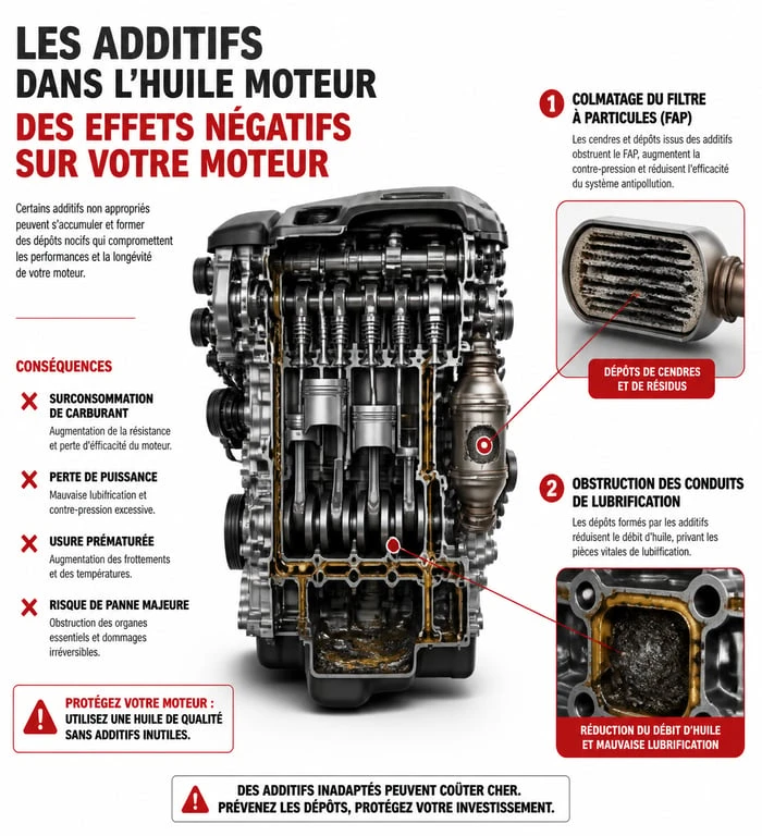 Infographie illustrant les dangers des additifs pour huile moteur et les risques pour le FAP et le moteur