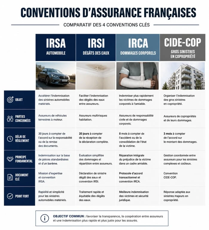 Tableau comparatif des conventions d'assurance : IRSA, IRSI, IRCA et CIDE-COP