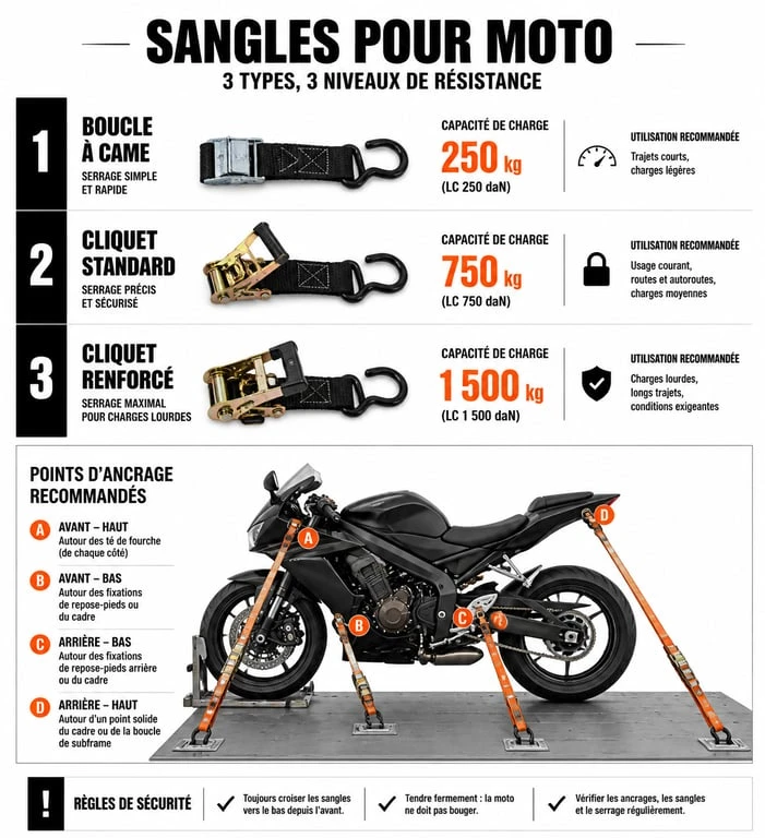 Graphique comparatif des types de sangles pour sangler une moto sur remorque