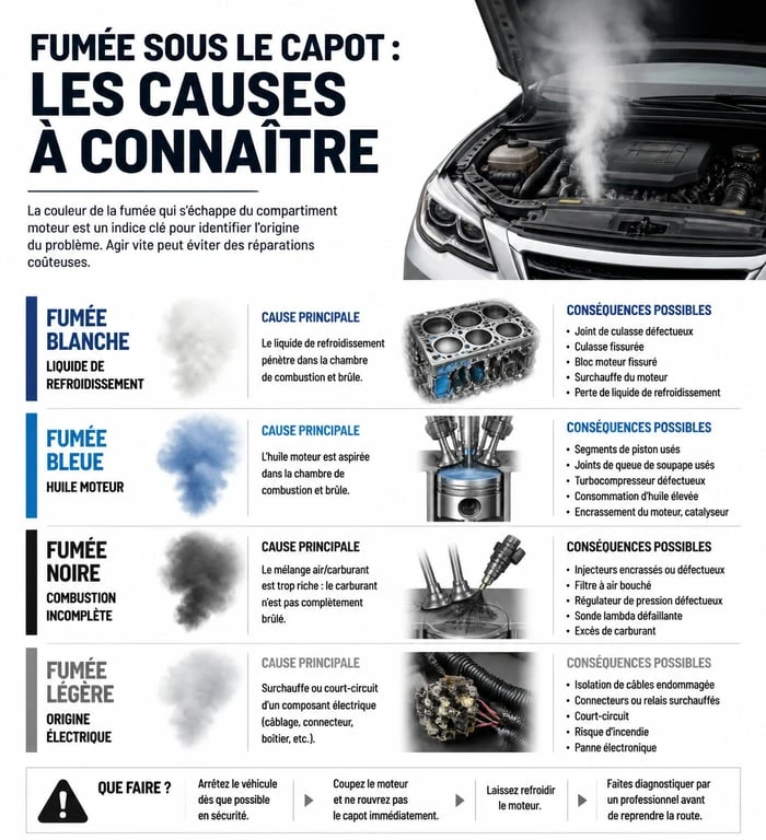 Diagnostic visuel des causes de fumée sous le capot d'une voiture : fumée blanche, bleue, noire ou odeur de brûlé.