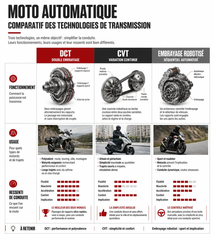 Comparatif des technologies de transmission pour moto automatique : DCT, CVT et robotisée