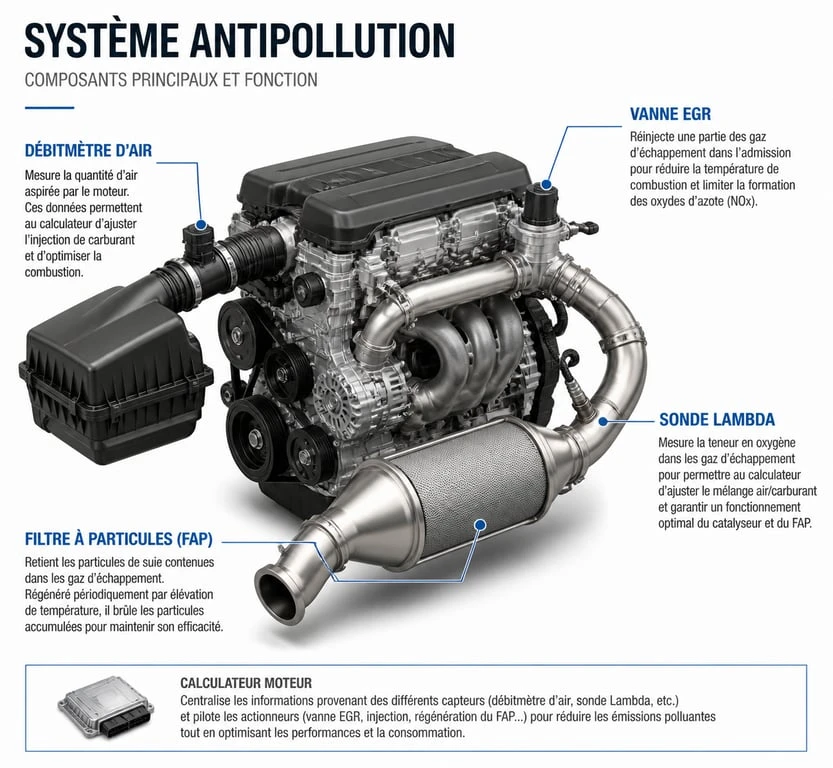 Schéma des composants du système antipollution moteur : vanne EGR, FAP et sonde Lambda pour comprendre le voyant antipollution allumé.