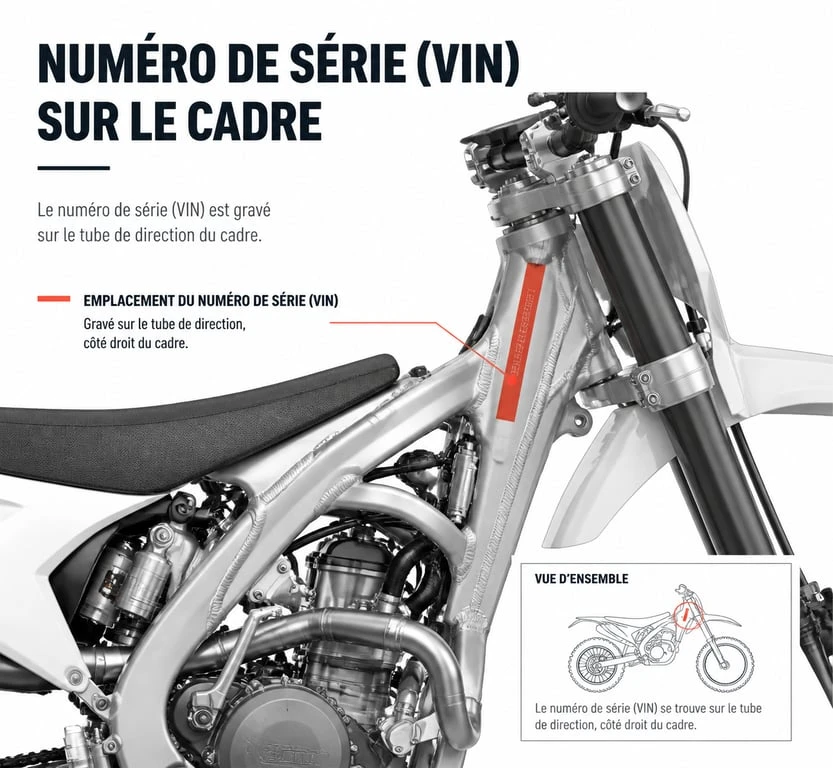 Schéma technique de l'emplacement du numéro de série VIN sur le cadre d'une motocross