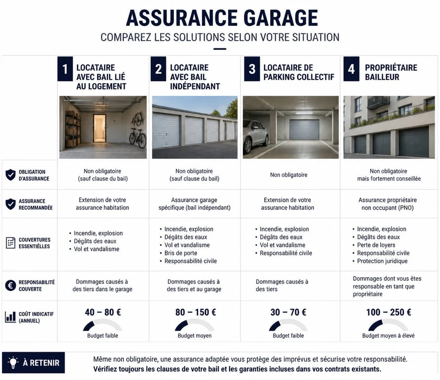 Infographie comparative des solutions d'assurance pour location garage selon le profil du locataire ou du propriétaire