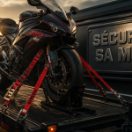 Sangle une moto sur remorque solidement attachée