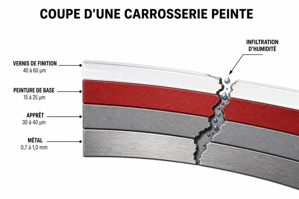 Schéma des couches de peinture écaillée sur une carrosserie de voiture