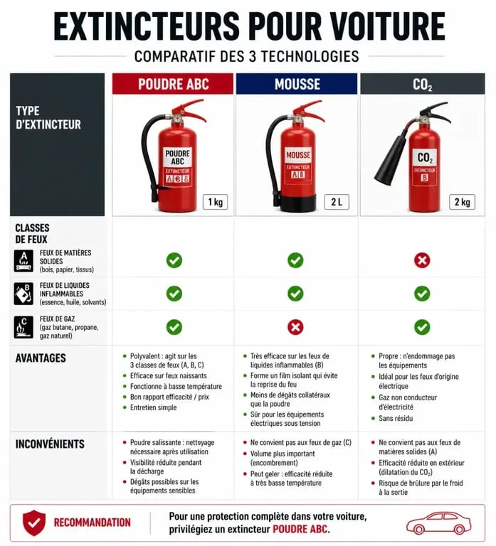 Infographie comparative des types d'extincteurs pour voiture : poudre, mousse et CO2 pour choisir le meilleur équipement de sécurité.