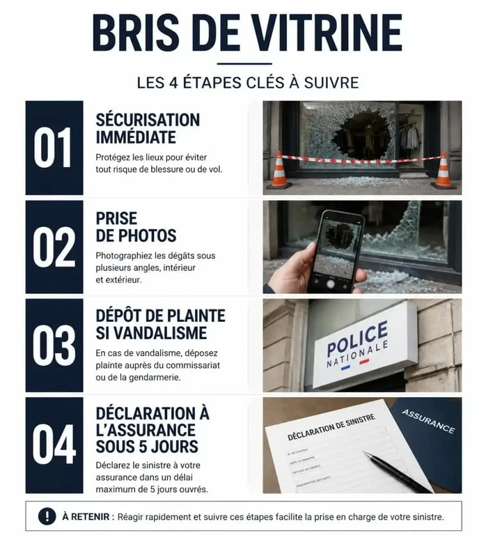 Infographie des étapes de déclaration d'une vitrine cassée à l'assurance