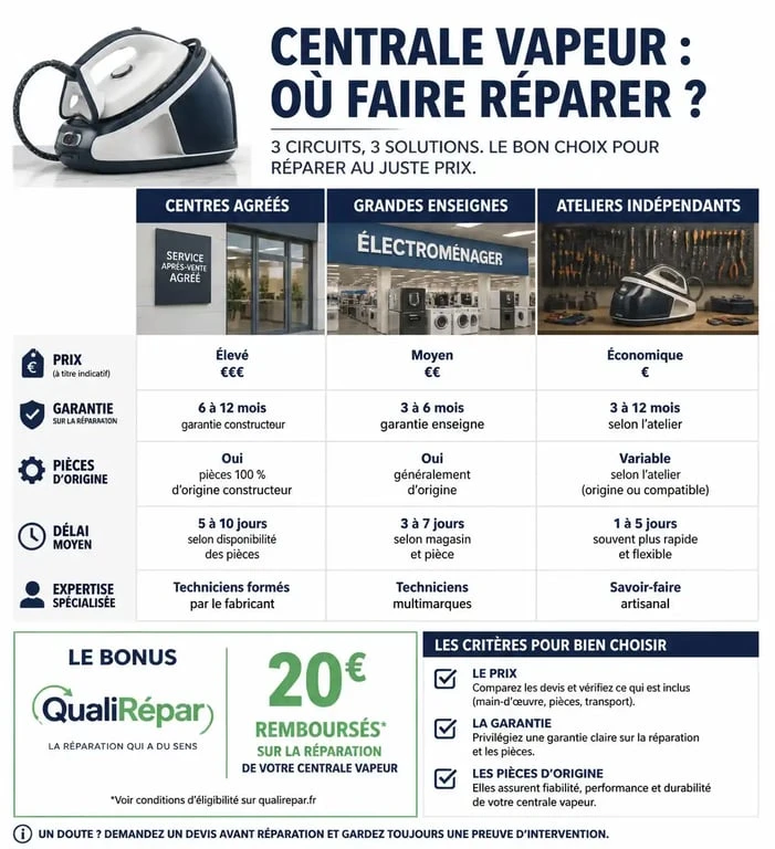 Infographie comparative des options pour faire réparer sa centrale vapeur avec bonus QualiRépar