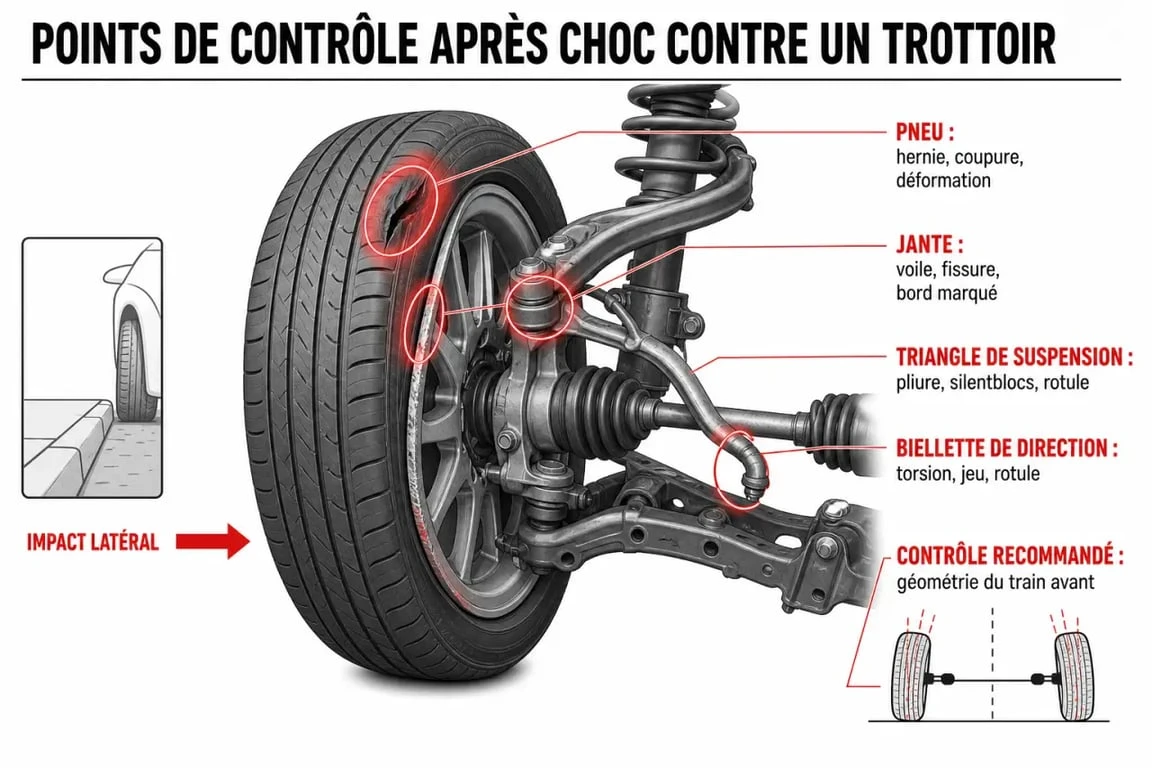 Schéma des points de contrôle d'une voiture après un choc contre un trottoir pour identifier les symptômes de dommages