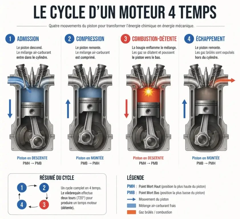 Schéma explicatif du fonctionnement d'un moteur 4 temps
