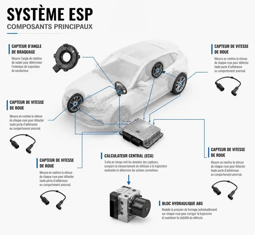 Schéma explicatif des composants du système ESP pour le diagnostic entretien esp