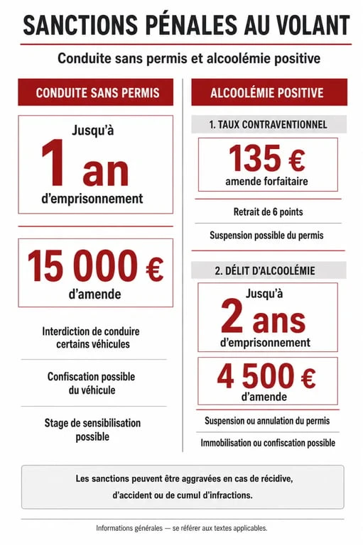Infographie des sanctions pénales pour conduite sans permis avec alcoolémie positive