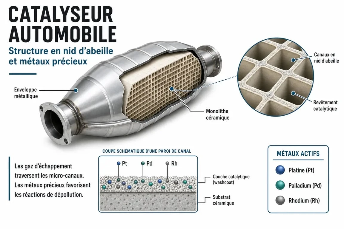 Schéma explicatif de la composition en métaux précieux d'un catalyseur automobile pour le rachat de catalyseur
