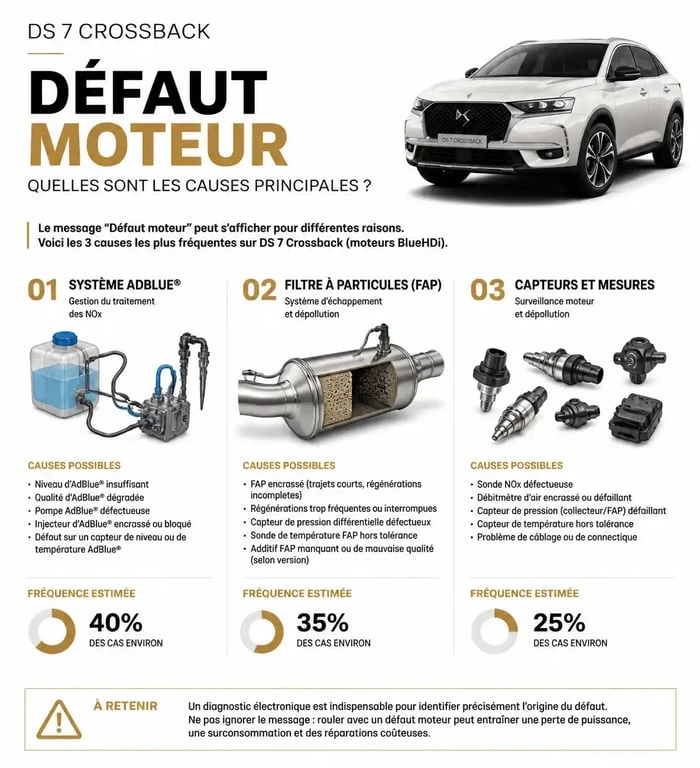 Infographie des causes du message défaut moteur sur DS7 Crossback et étapes de diagnostic