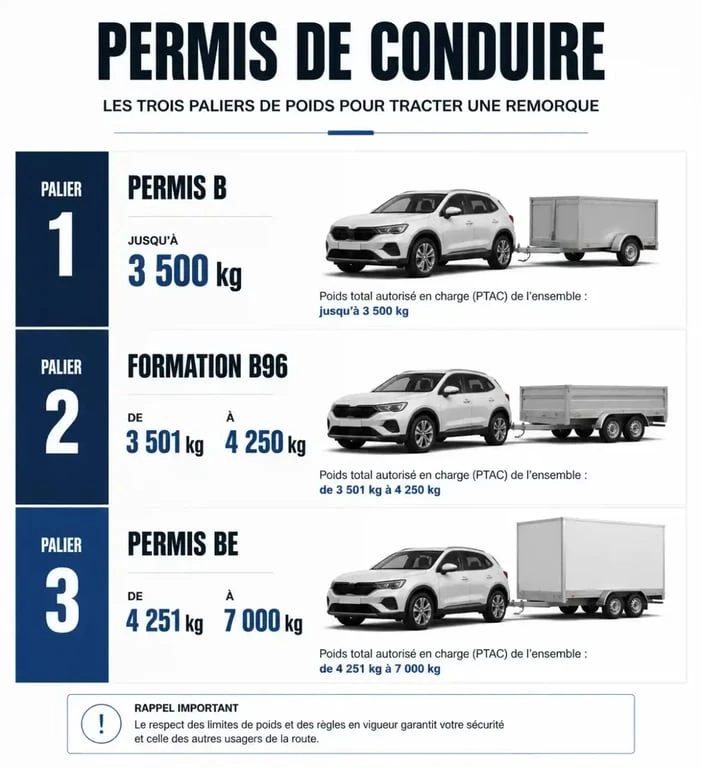 Infographie des seuils de poids pour le permis BE et remorque