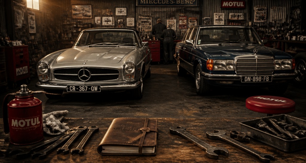 garage rétro avec mercedes ancien pagode w113 et w123