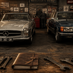 garage rétro avec mercedes ancien pagode w113 et w123