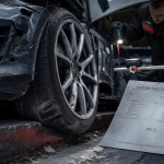 Symptôme voiture qui a pris un trottoir : roue avant endommagée et flanc de pneu hernié