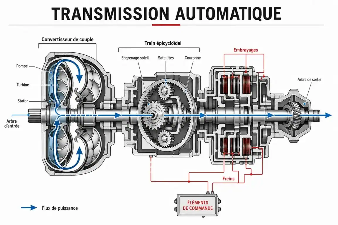 Schéma simplifié du fonctionnement interne d'une boîte automatique pour comprendre les risques d'usure