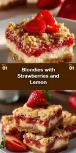 Blondies aux fraises et citron sur une assiette en bois